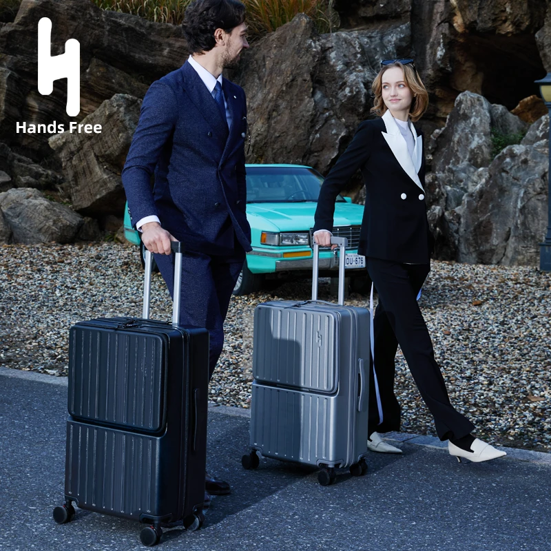 HandsFree前开口行李箱 双层防爆拉链拉杆箱 减震刹车万向轮