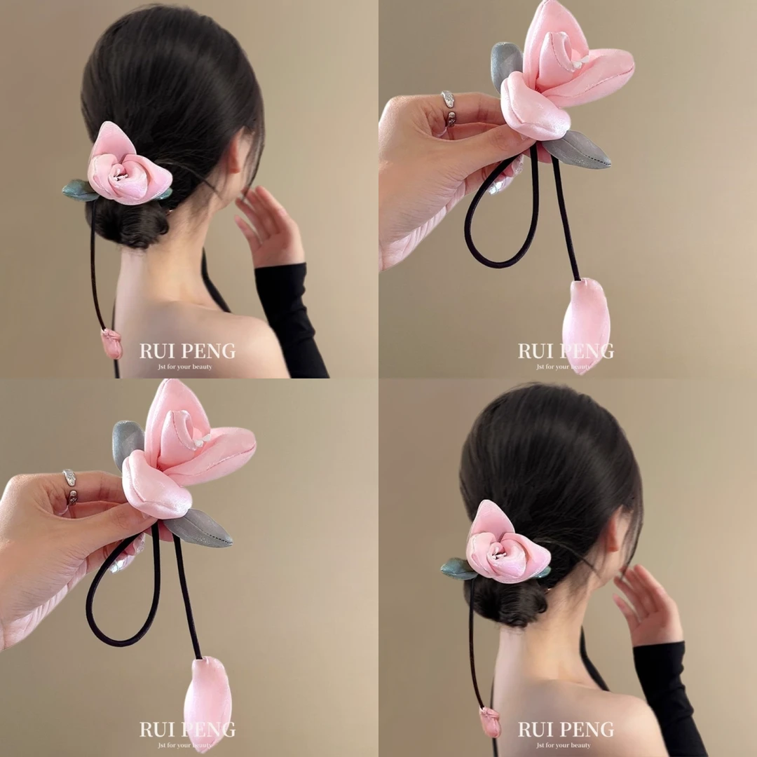 新中式粉色花朵发绳女2025新款高级感丸子头发饰高级感扎头发绳圈