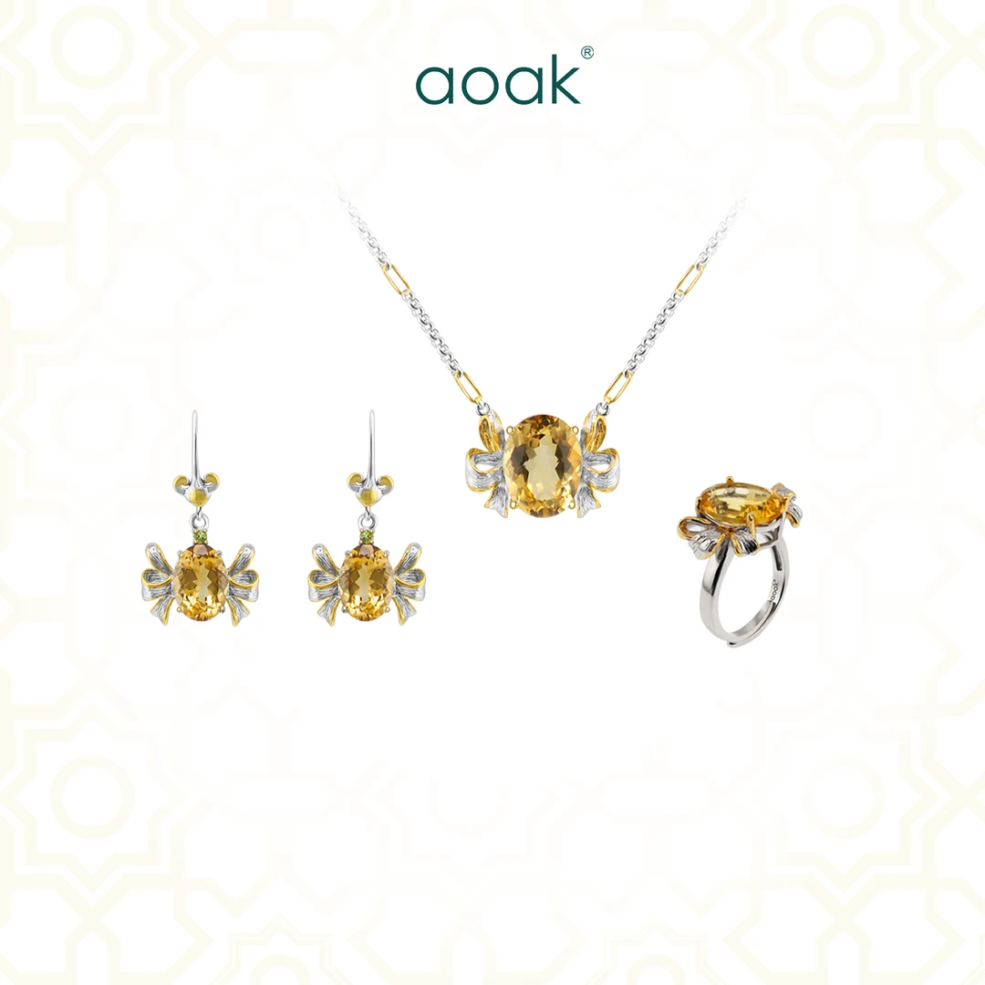 【aoak】A017天然黄水晶925银镀金独特设计蝴蝶结吊坠耳环戒指套装