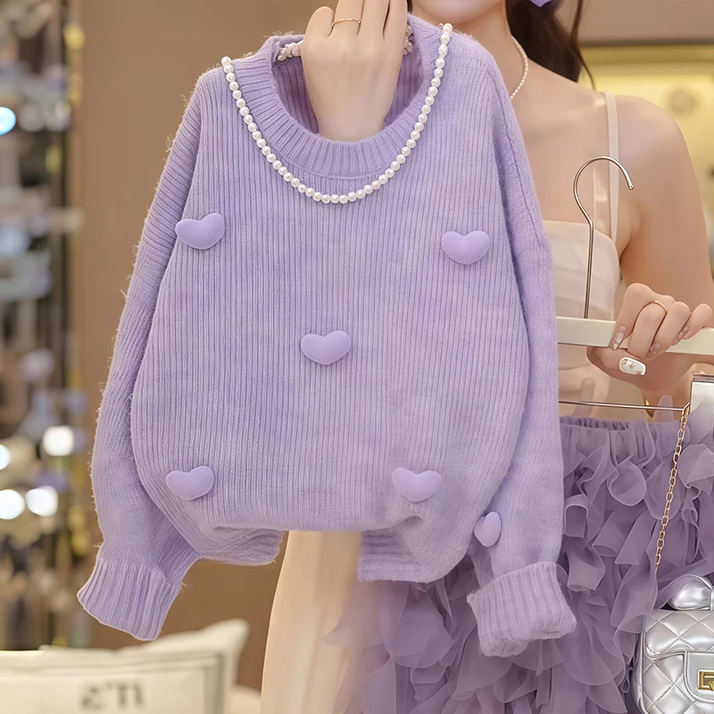 女童针织衫蛋糕裙套装2025新款春秋款甜美爱心毛衣打底衫半身纱裙