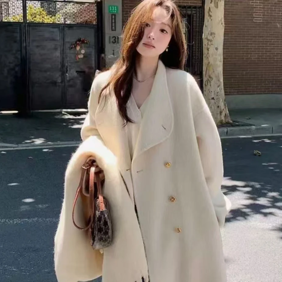 双排金扣长款羊毛大衣外套女装双排扣气质小个子款大衣外套宽松