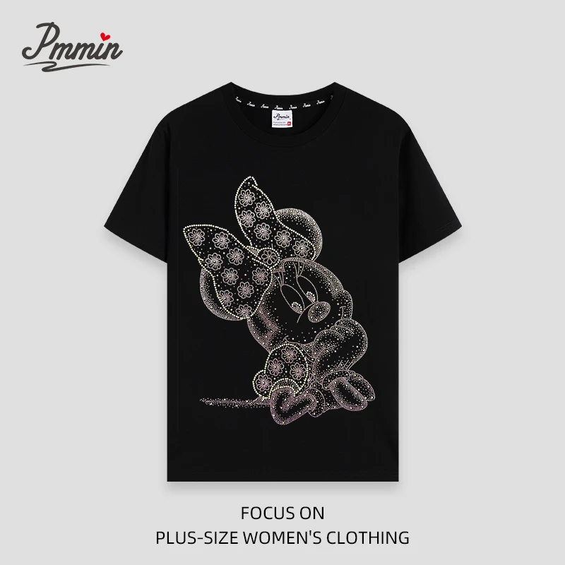 pmmin【大米奇】女装大码圆领烫钻短袖T恤 夏季烫钻