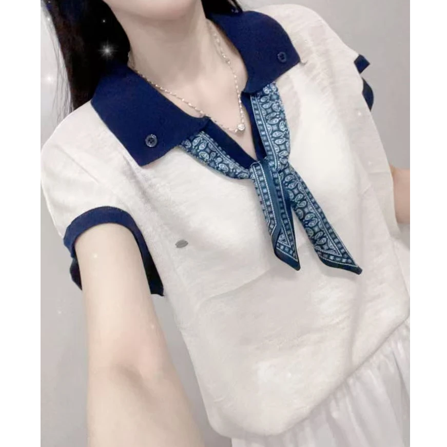 222常规千金风短袖翻领夏季毛针织衫气质撞色针织衬衫