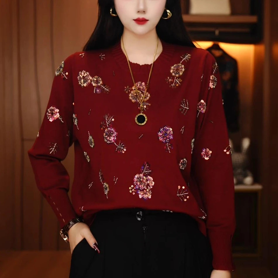 C250062-秋冬保暖毛衣抗起球高端显瘦减龄洋气宽松女士气质时尚