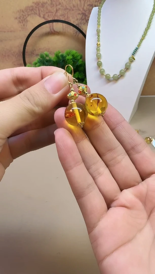 琥珀（花珀）14K金镶嵌耳饰B204