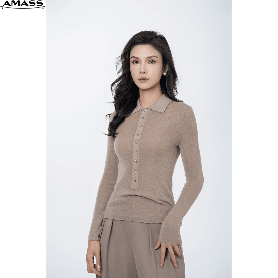 AMASS/阿玛施新款通勤气质翻领单排扣细闪时尚长袖针织衫5399662