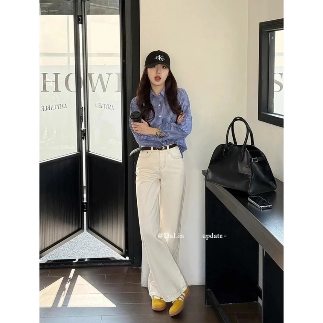 【送腰带+运费险】米杏色牛仔裤女高腰休闲古显瘦显腿长窄版阔腿裤