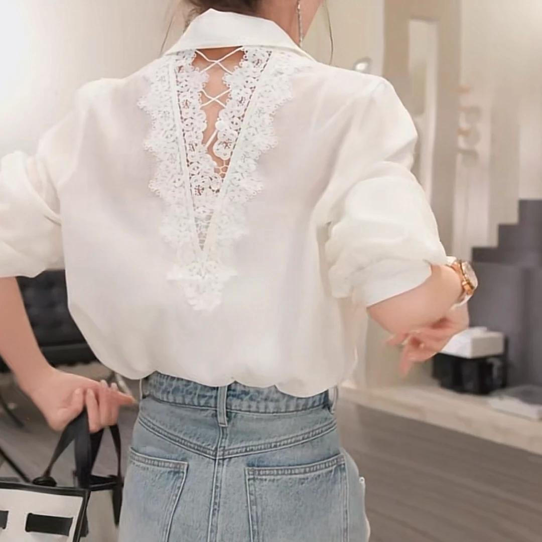 设计感蕾丝后背镂空长袖衬衫女2025早春新款时尚休闲气质轻奢衬衣