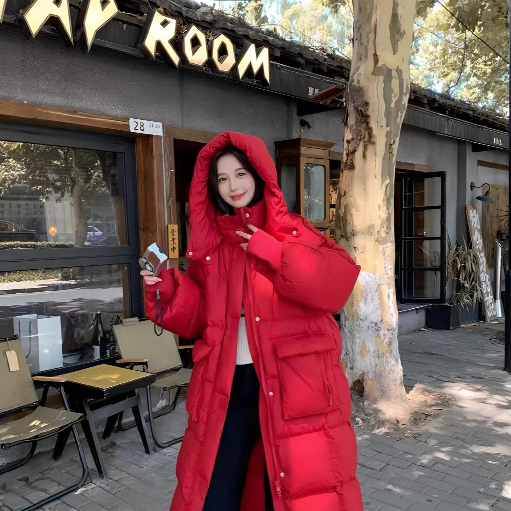 大口袋连帽冬季外套女中长款时尚宽松加厚女士羽绒服休闲