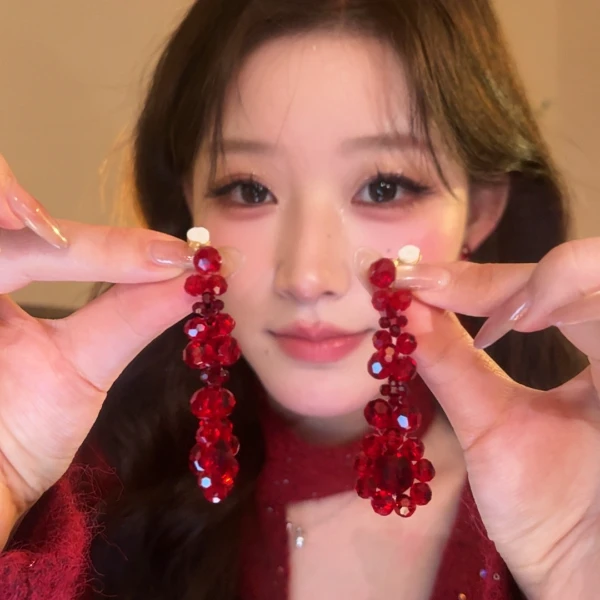 锌合金耳饰 新年红色系流苏长款耳钉复古高级感耳环轻奢耳饰气质