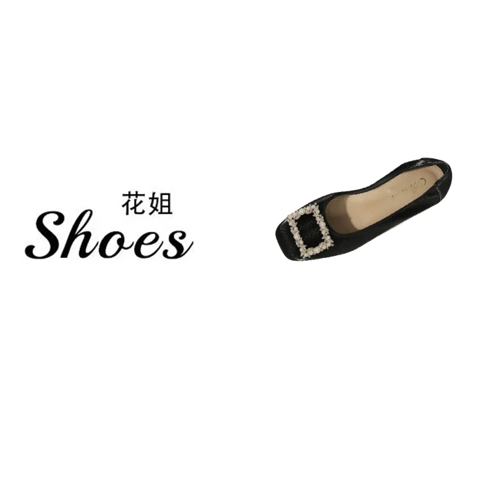 WHT298-8 浅口粗跟珍珠扣单鞋蛇纹冰丝质感软皮软底方头豆豆女鞋