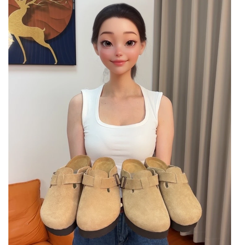 uoo4CM厚底博肯鞋半托真皮女款休闲鞋时尚百搭夏季软底包头复古