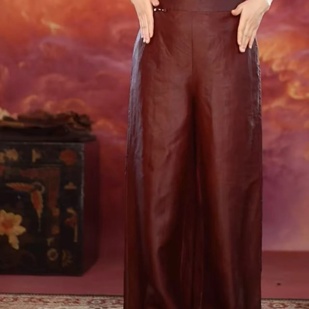 我的搭配师我的搭配师2025秋季八月新款香云纱桑蚕丝红云休闲长裤