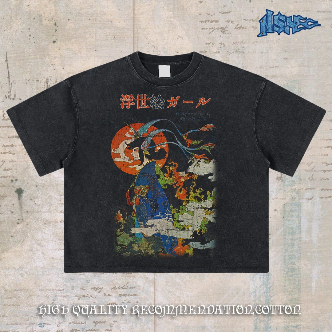 notsexx“浮世绘”进口数码直喷重磅纯棉短宽boxy长袖短袖美式t恤男