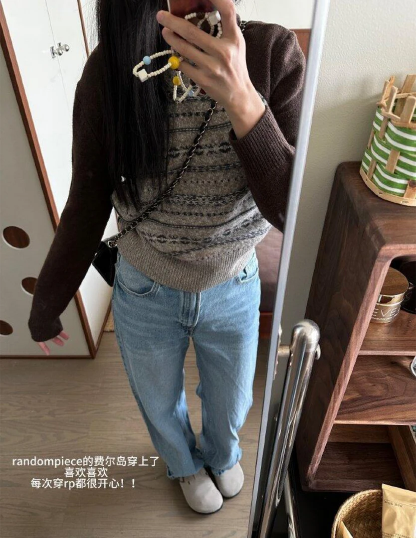 【过年新衣】复古风费尔岛撞色提花羊毛衫修身气质显瘦毛衣打底上衣