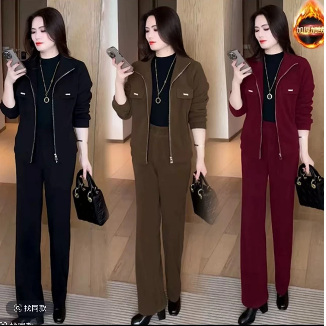 2025年秋冬新款时尚气质洋气休闲宽松显瘦加绒加厚套装上衣+裤子
