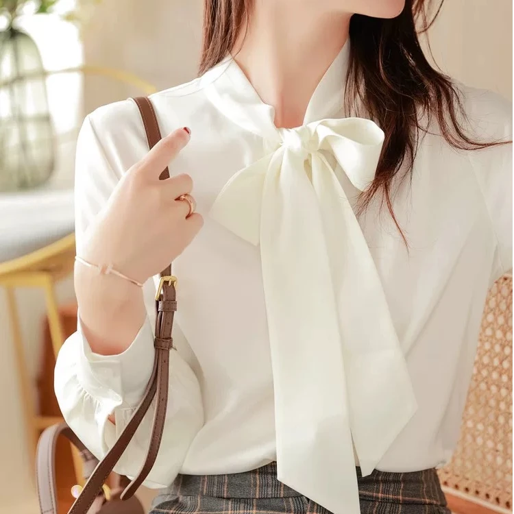如姐-CS1208春秋显瘦气质蝴蝶结飘带衬衣长袖法式红色系带设计感