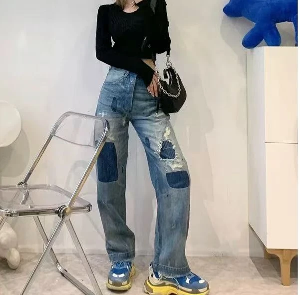 春季新款设计感重工做旧破洞拼接补丁高腰直筒牛仔裤H2806