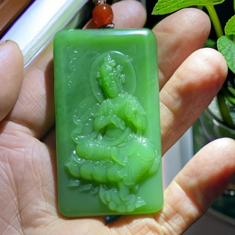 和田玉俄罗斯碧玉粉绿阳绿吊坠度母观音纯手工雕刻冰底起荧光方牌