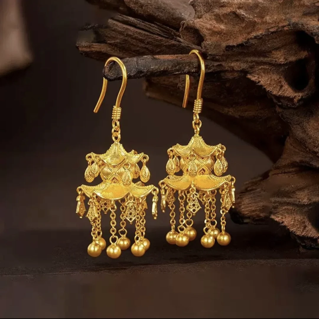 铜合金耳饰 新中式国风高级感宫灯灯笼金色耳环古风气质耳坠配饰