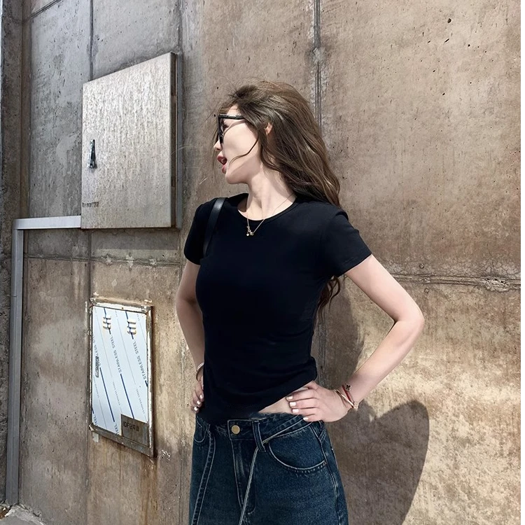 小个子女装显瘦短袖t恤女夏季新款辣妹纯色修身内搭打底黑色上衣