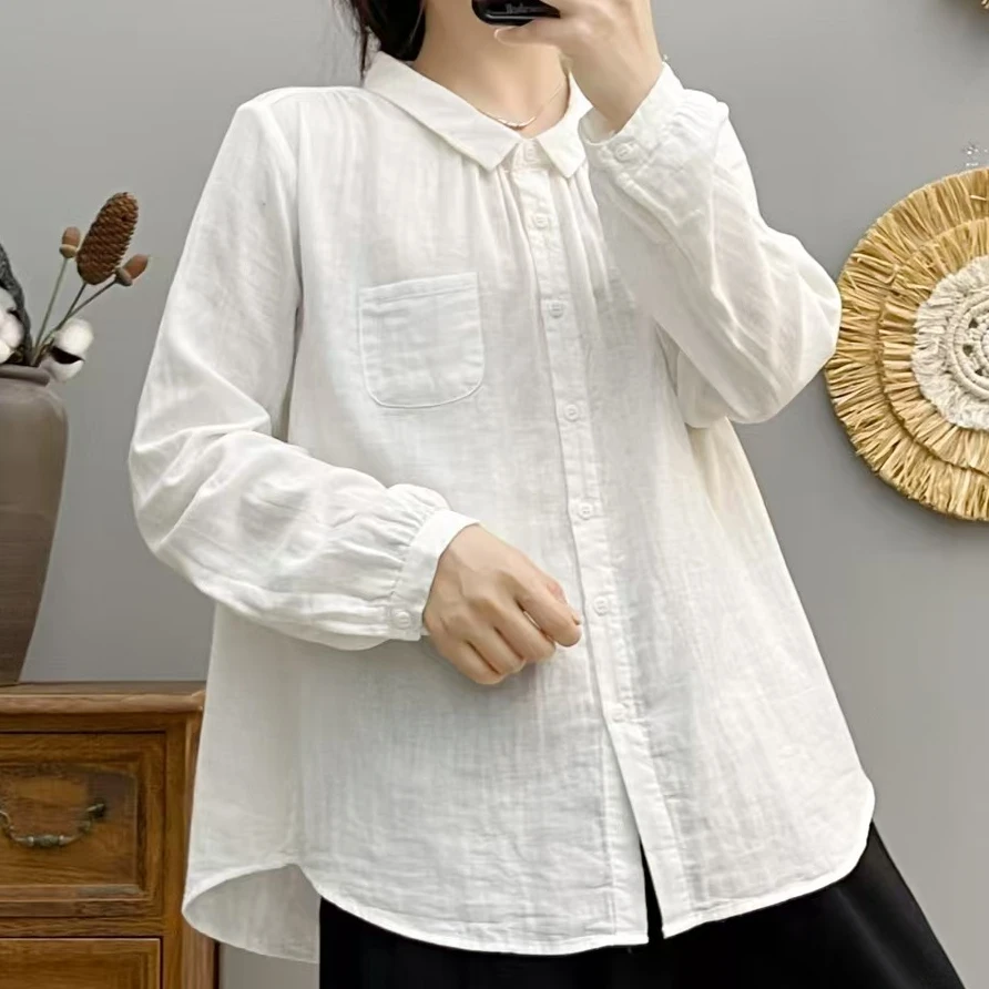 8571春秋新款翻领时尚宽松休闲洋气复古港味白色长袖衬衣女衬衫