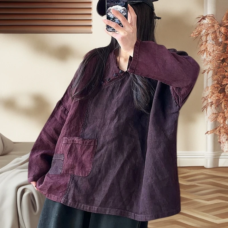 【十品】2025年春季新款亚麻做旧炒色中式盘扣上衣