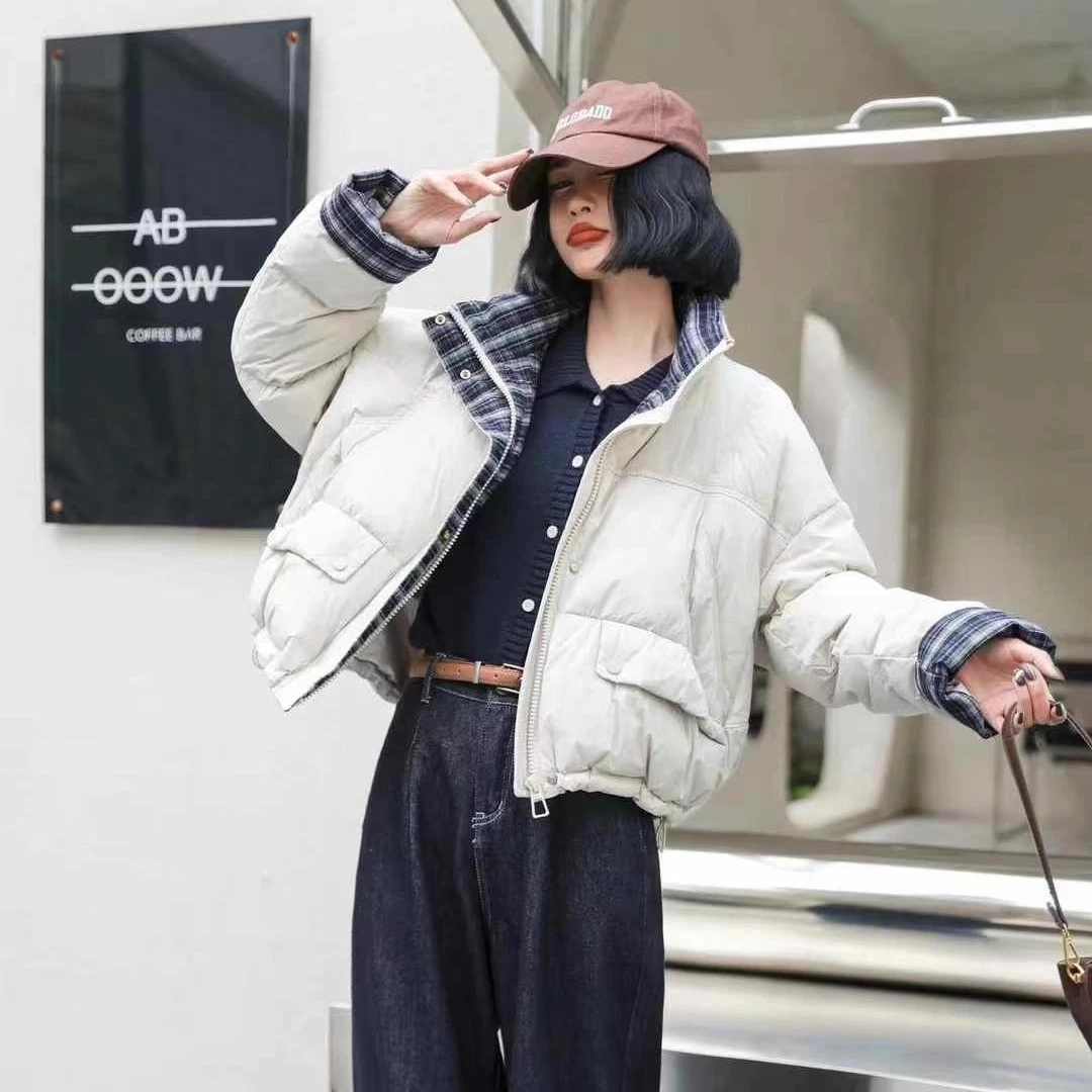 拼接格子羽绒服女士短款立领超好看外套宽松面包服