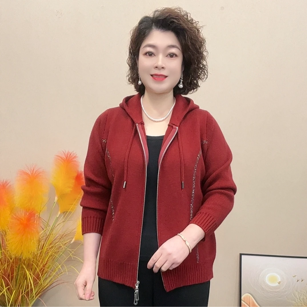 妈妈装春秋针织毛衣开衫小外套中老年女装宽松连帽百搭时尚洋气女