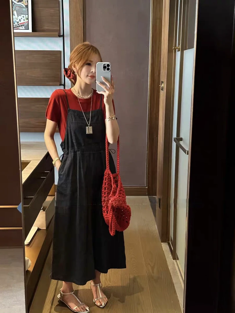 411-2短袖T恤打底衫长款吊带裙牛仔背带裙两件套