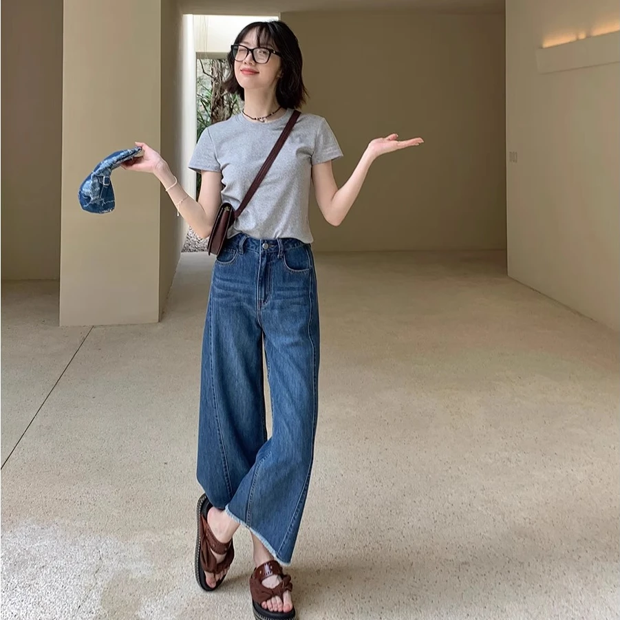 莱赛尔冰丝凉感牛仔裤女夏日薄款微胖大码宽松显瘦毛边九分阔腿裤