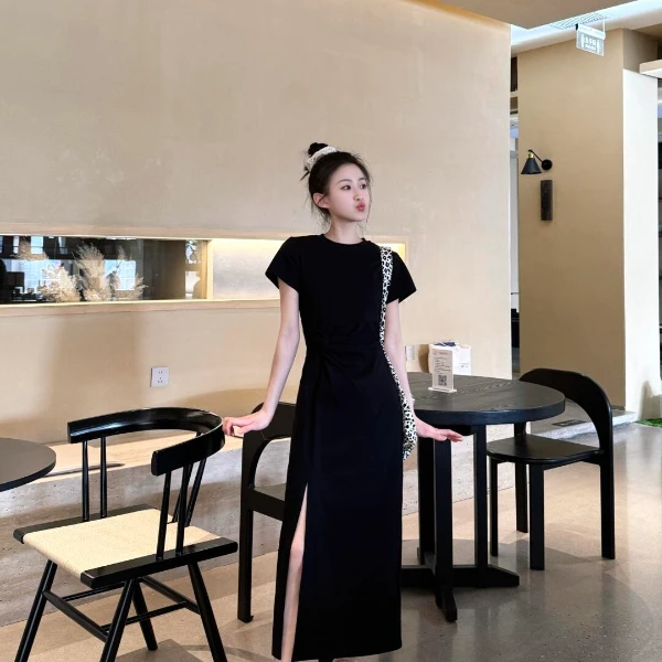 【显瘦魔法】夏季新款短袖长款连衣裙A字开叉修身显瘦赫本风连衣裙