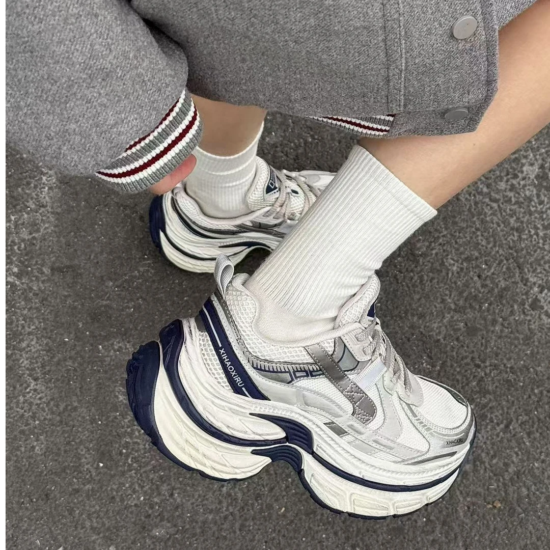 2025春季女鞋松糕厚底单款休闲鞋真皮双网老爹鞋低帮增高女单鞋