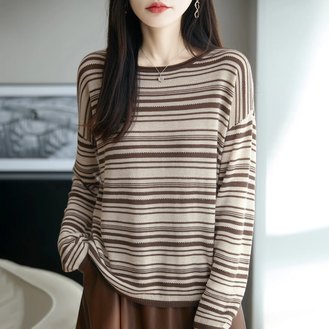 哥弟阿玛施正品秋季新款条纹复古休闲时尚套头女士圆领长袖针织衫