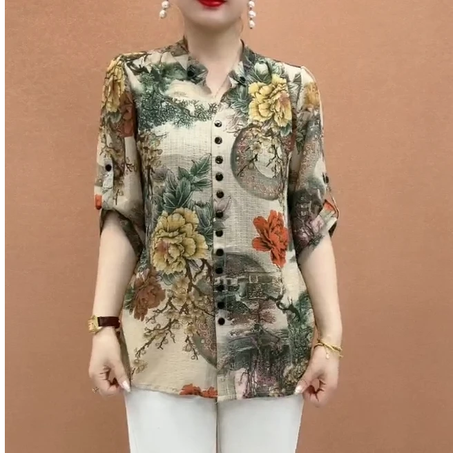 复古山水画七分袖小衫女夏季新款时尚中年妈妈宽松休闲潮流衬衫