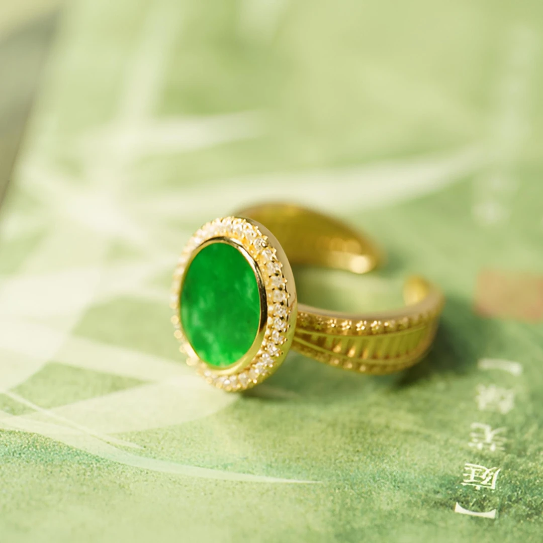 【幸运花开】天然A货翡翠戒指S925银镀金设计款-1005