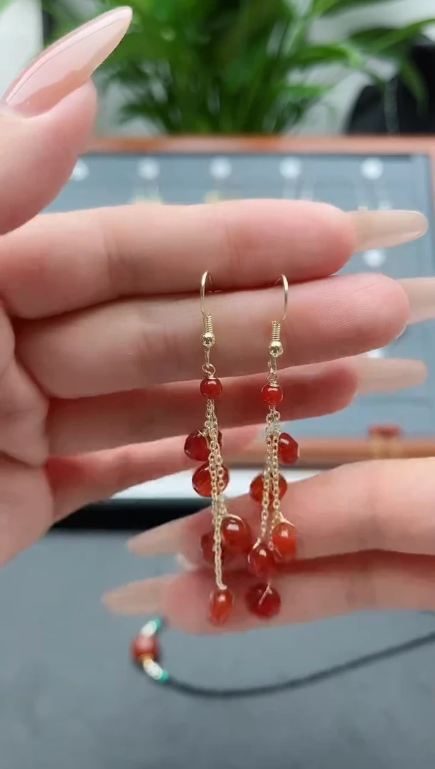 【闪购商品】南红玛瑙耳饰银S925镀金镶嵌1算盘珠红