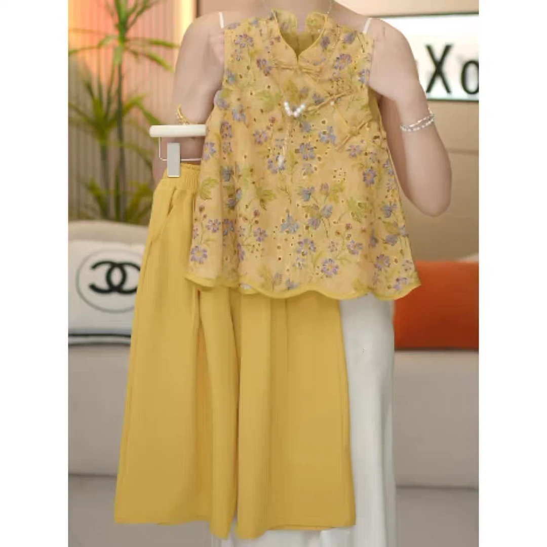 女童新中式碎花无袖裙裤套装夏季2025新款女孩盘扣背心上衣阔腿裤