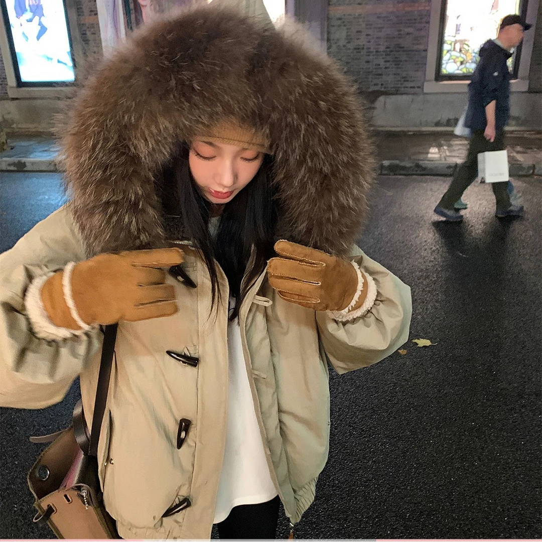 骆驼街牛角扣派克服秋冬保暖厚款可拆卸大毛领舒适宽松中长款外套