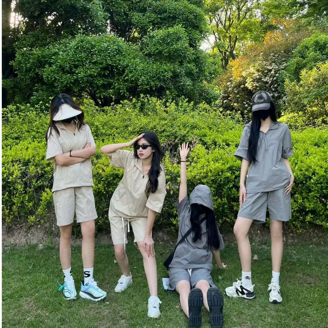 春秋款上新情侣款纯色百搭时尚防晒连帽套装-7003