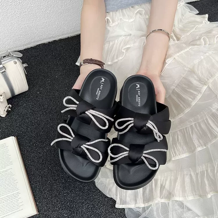 夏季新款蝴蝶结厚底一字拖女平底舒适外穿时尚拖鞋6018