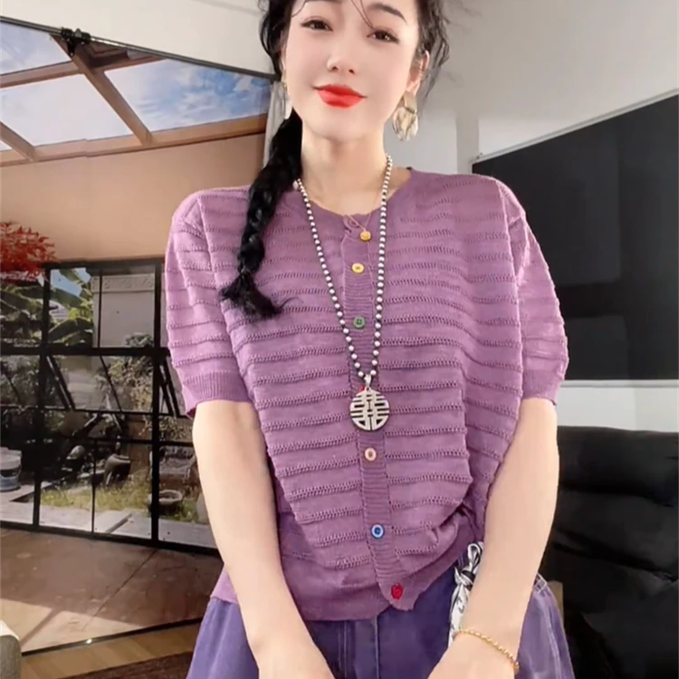 欧货爆款2025夏季新款时尚圆领彩色扣子短袖针织开衫女镂空上衣潮