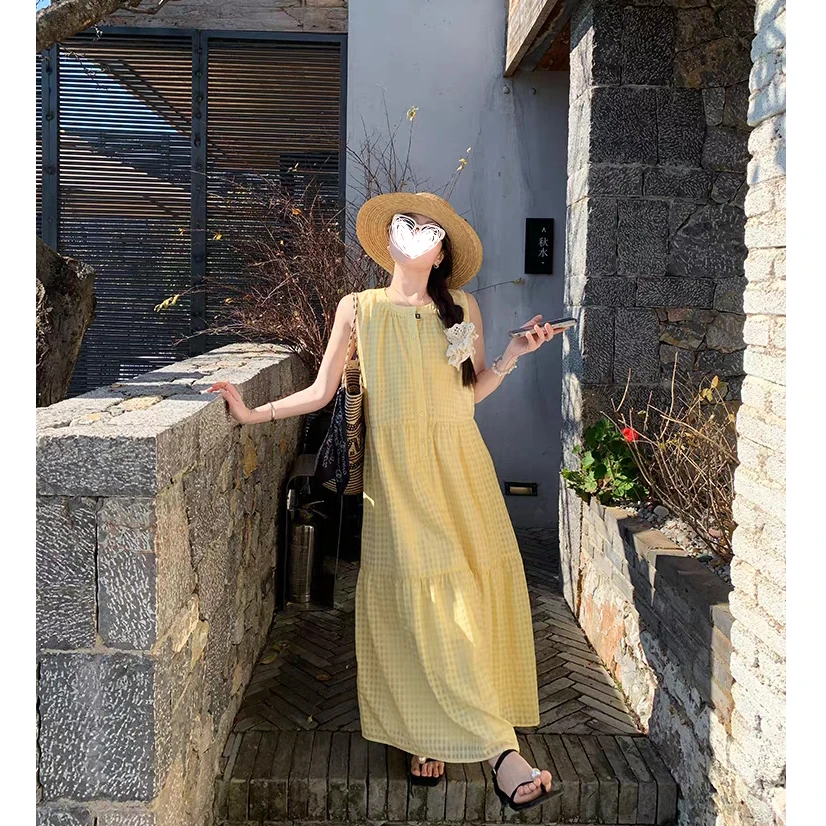 “琉璃云母”夏季中长款挂脖背心连衣裙女森系长裙