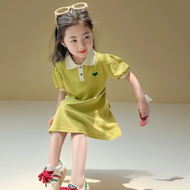新款新款女童森系时尚翻领连衣裙夏季女孩洋气纯色裙子韩版裙短袖
