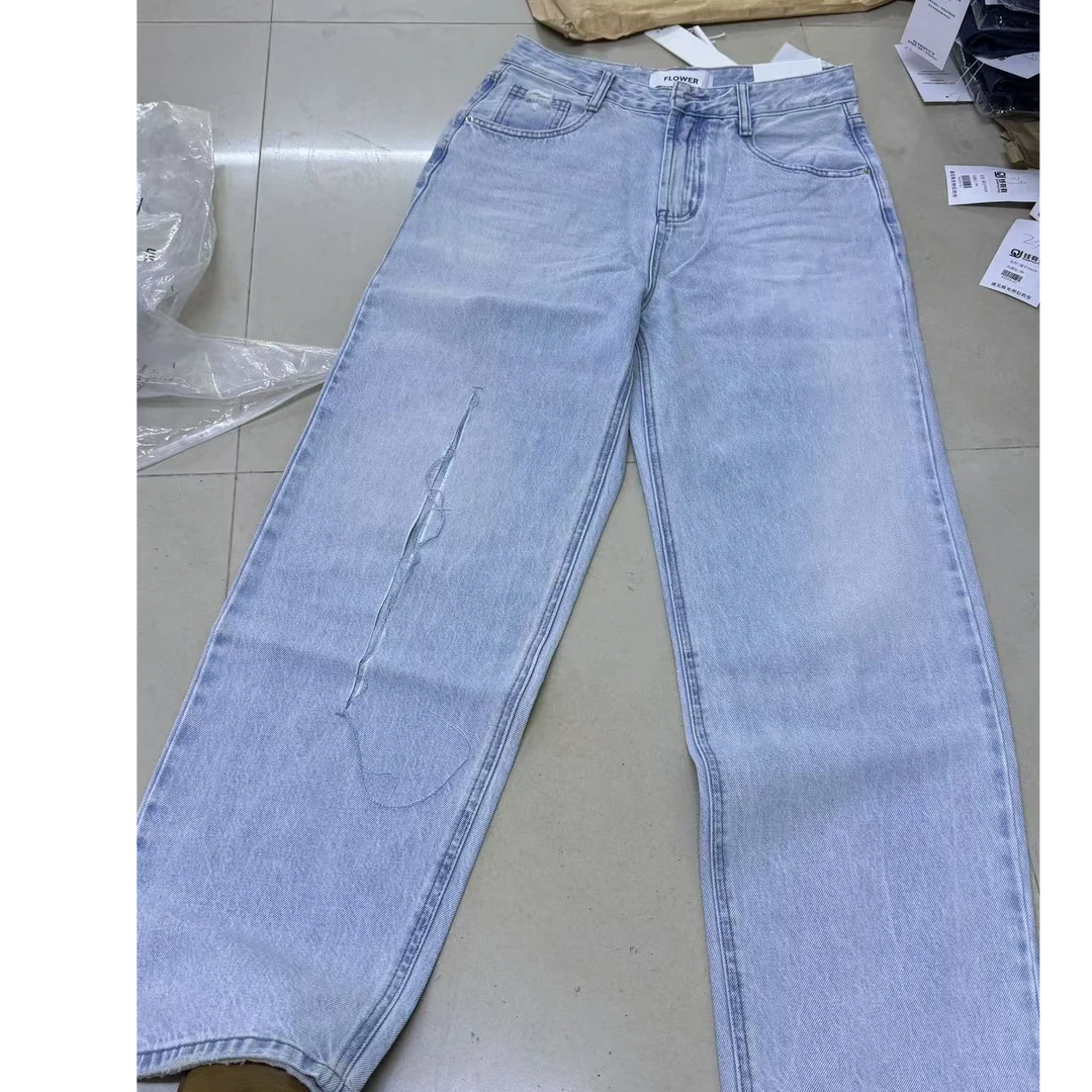 56391-1高个子收！裤型wu敌好穿！破洞中高腰牛仔直筒裤女