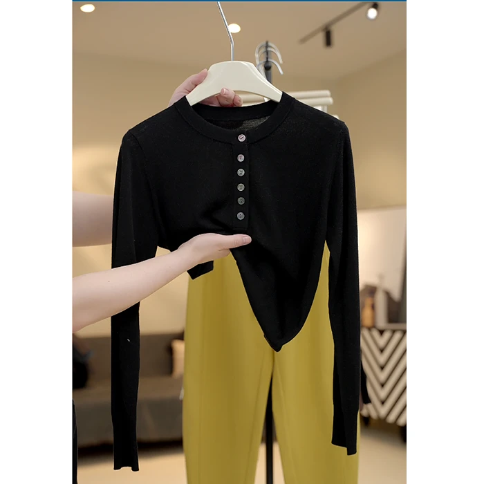 春季新款圆领含山羊绒桑蚕丝绵羊毛打底套头衫女式长袖针织衫毛衫