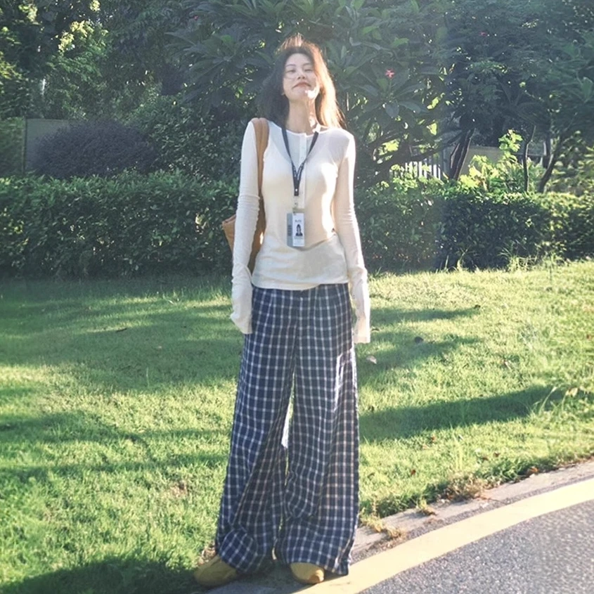 露思一下~蓝色复古格子休闲裤女2025春秋新款裤子直筒排扣阔腿裤