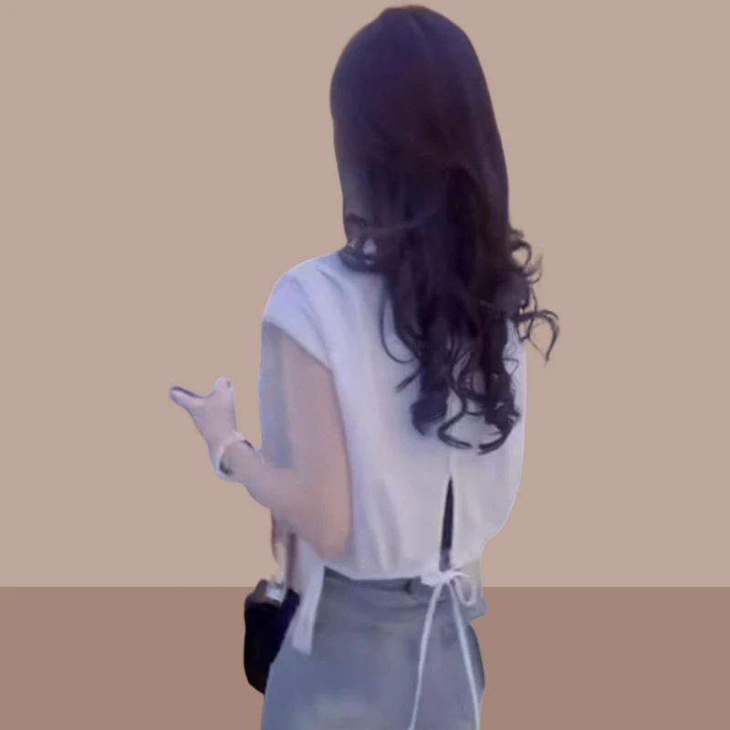 后背镂空系带短袖女t恤夏2025新款别致独特小上衣超好看时尚体恤