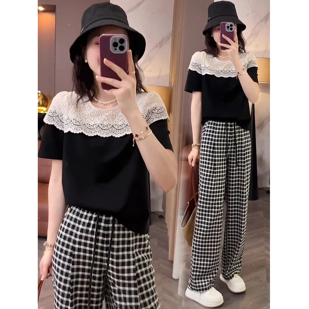 时尚套装女2025夏季新款洋气质显瘦蕾丝拼接T恤阔腿裤休闲两件套