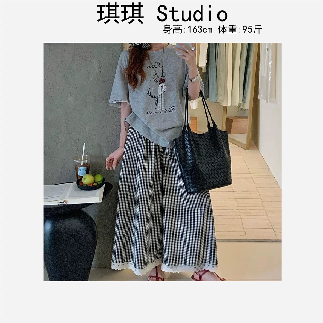 《琪琪家》春夏季新款设计感蝴蝶结狗狗短袖格子裤头花三件套9905-O